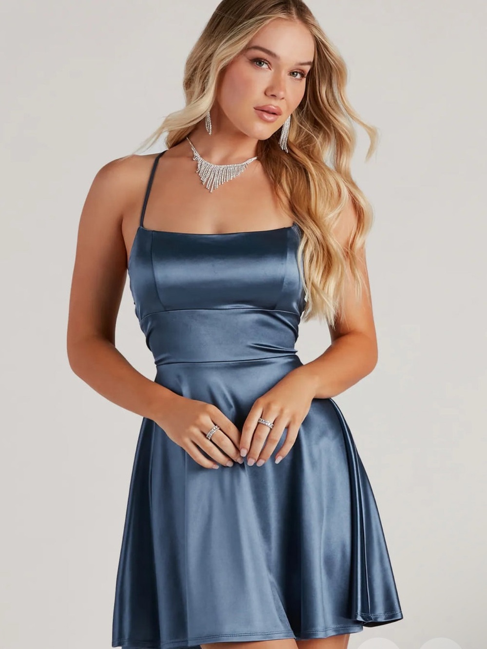 Windsor Satin Square-Neck Mini Dress in Steel Blue